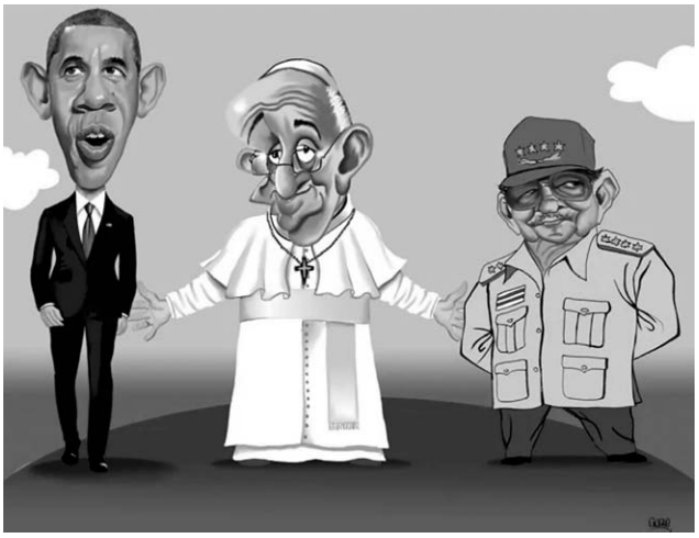 Cartoon of Obama, Castro, and the Pope